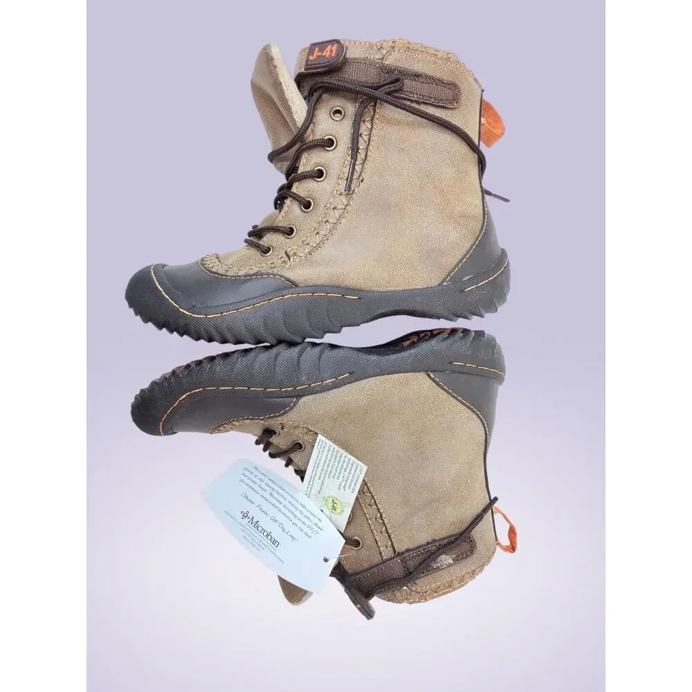 J-41 AdventureOn Boys Ankle Boots Tan/Black Lace Up Faux Fur Lined US 6.5M